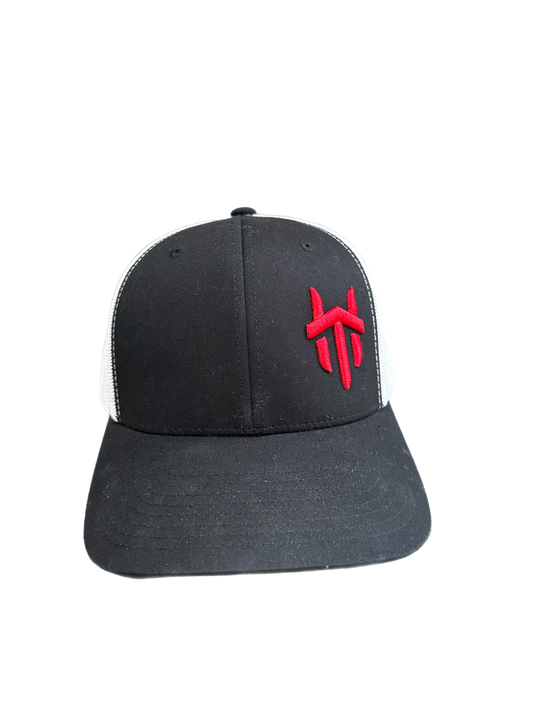 Red Logo Traffikheavy 5-Panel Classic Trucker Mesh Back Cap - Black/White