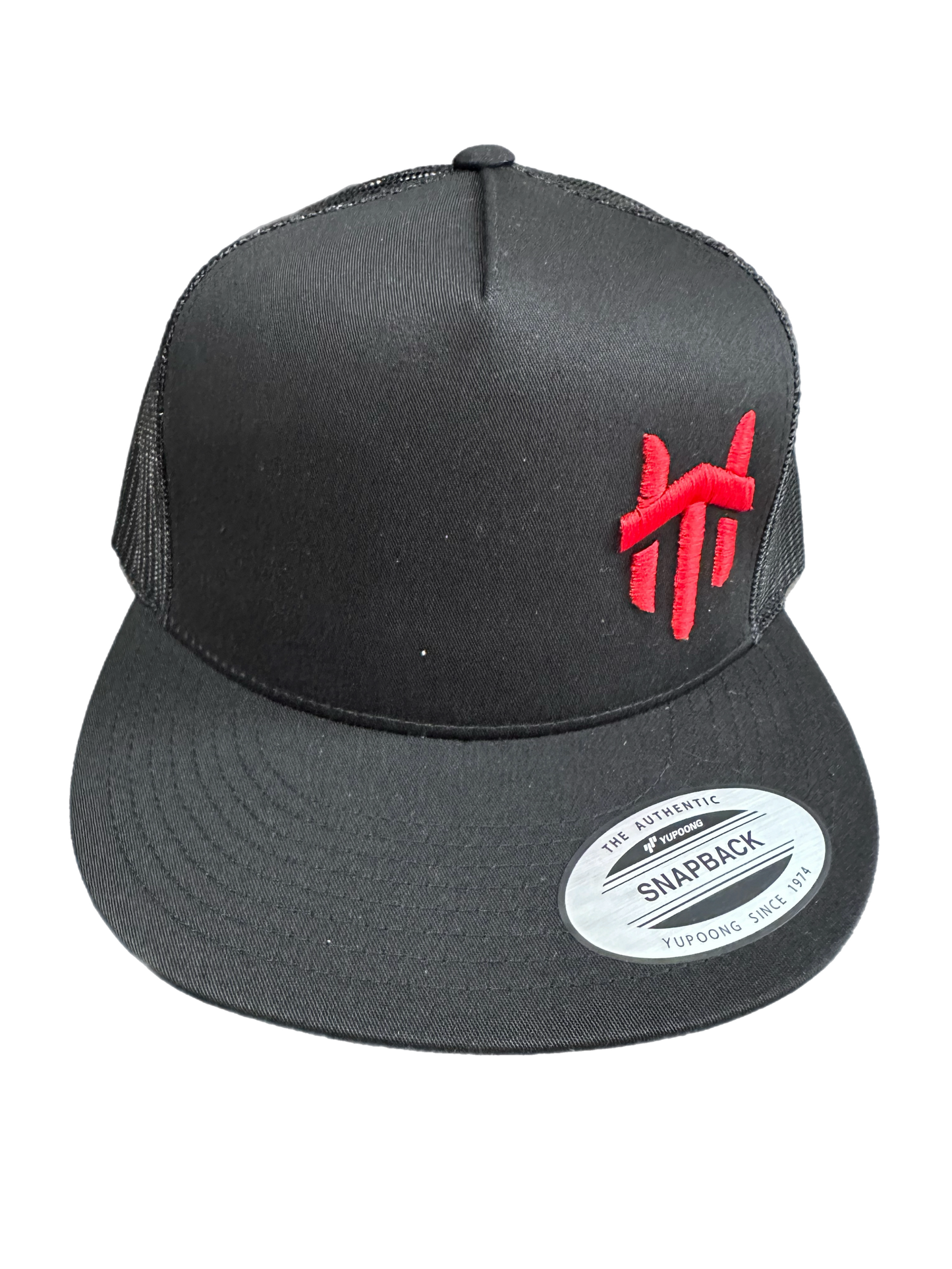 Red Logo Traffikheavy 5-Panel Classic Trucker Mesh Back Cap - Black/Black