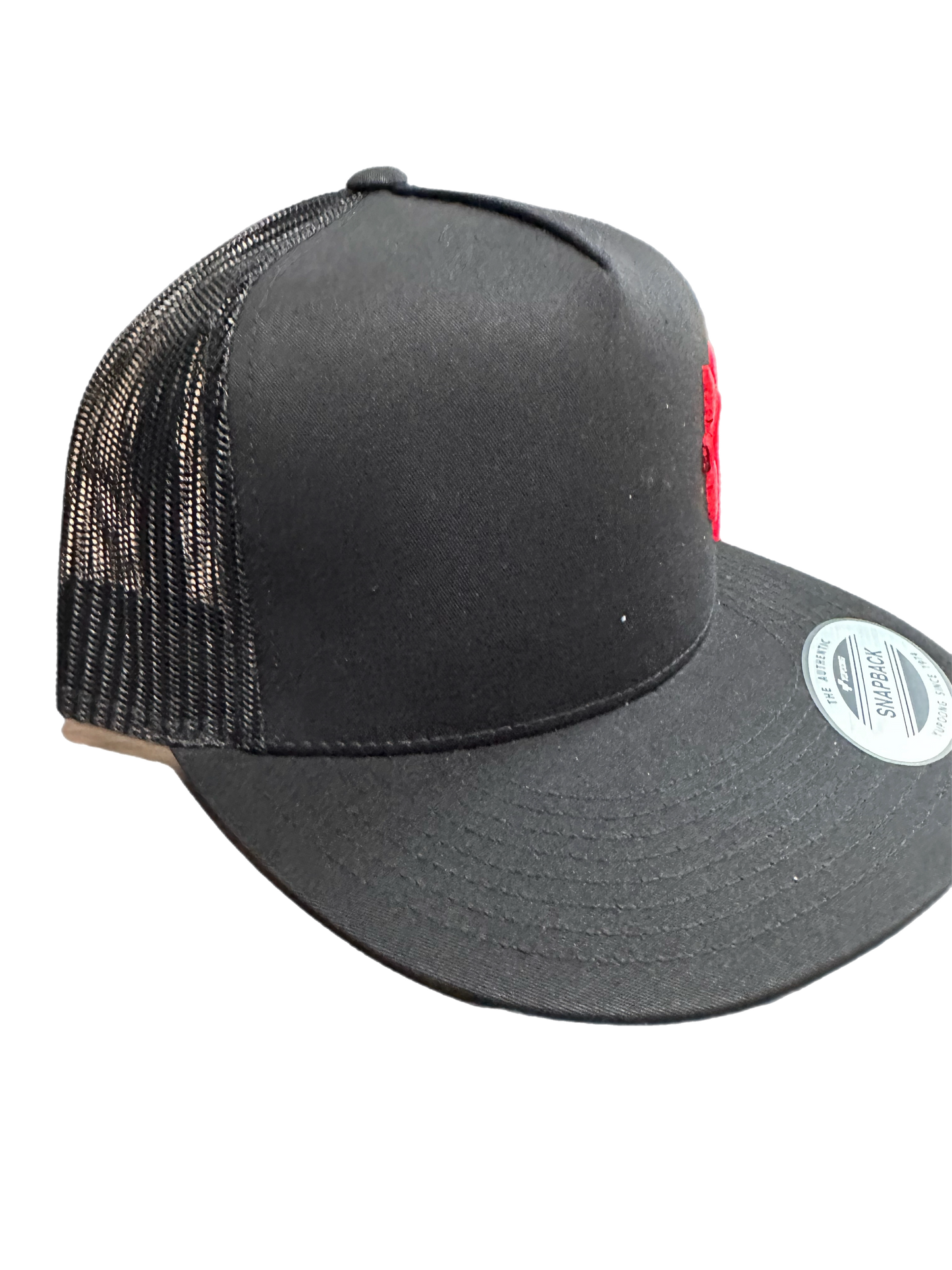 Red Logo Traffikheavy 5-Panel Classic Trucker Mesh Back Cap - Black/Black