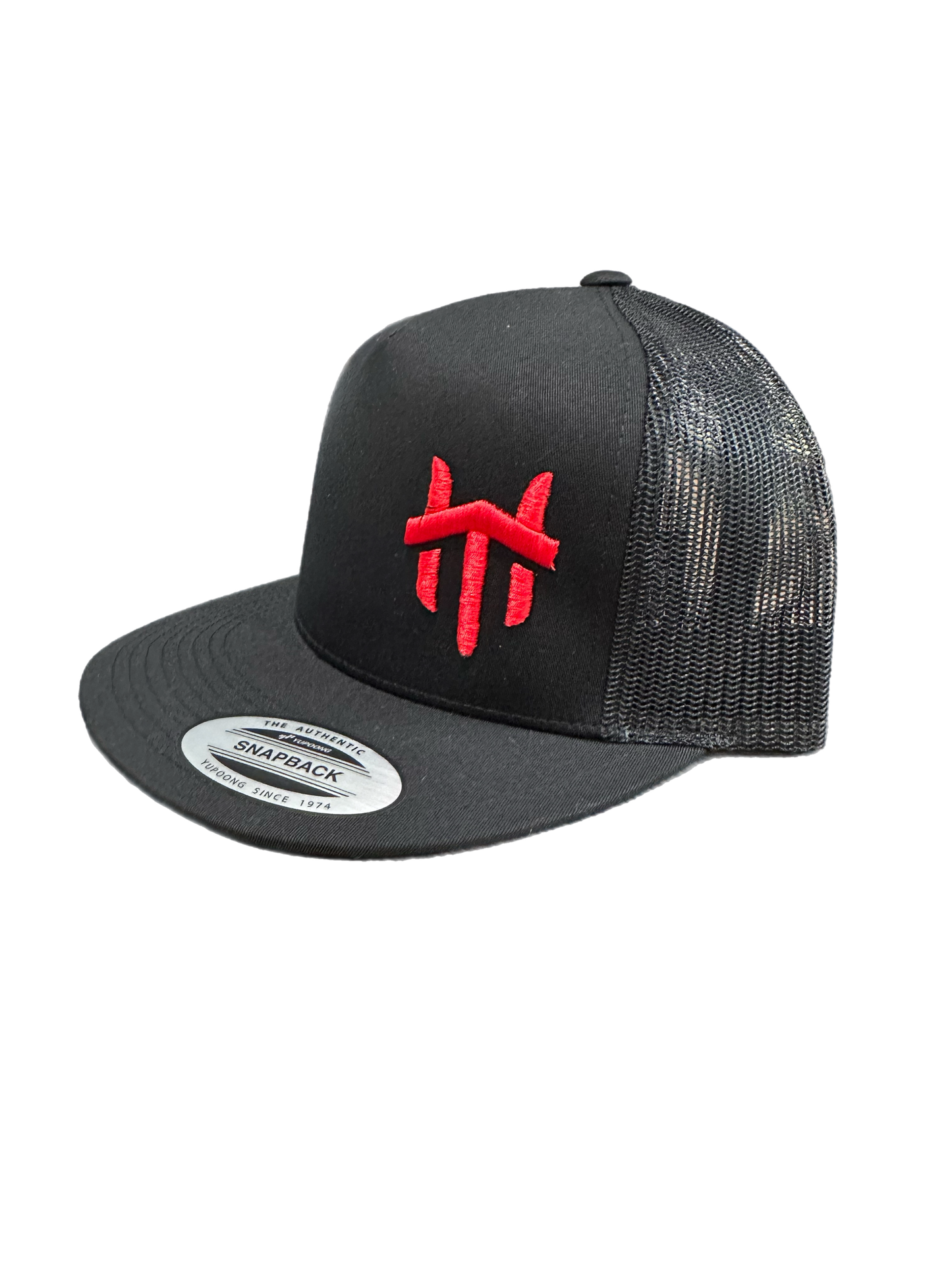 Red Logo Traffikheavy 5-Panel Classic Trucker Mesh Back Cap - Black/Black