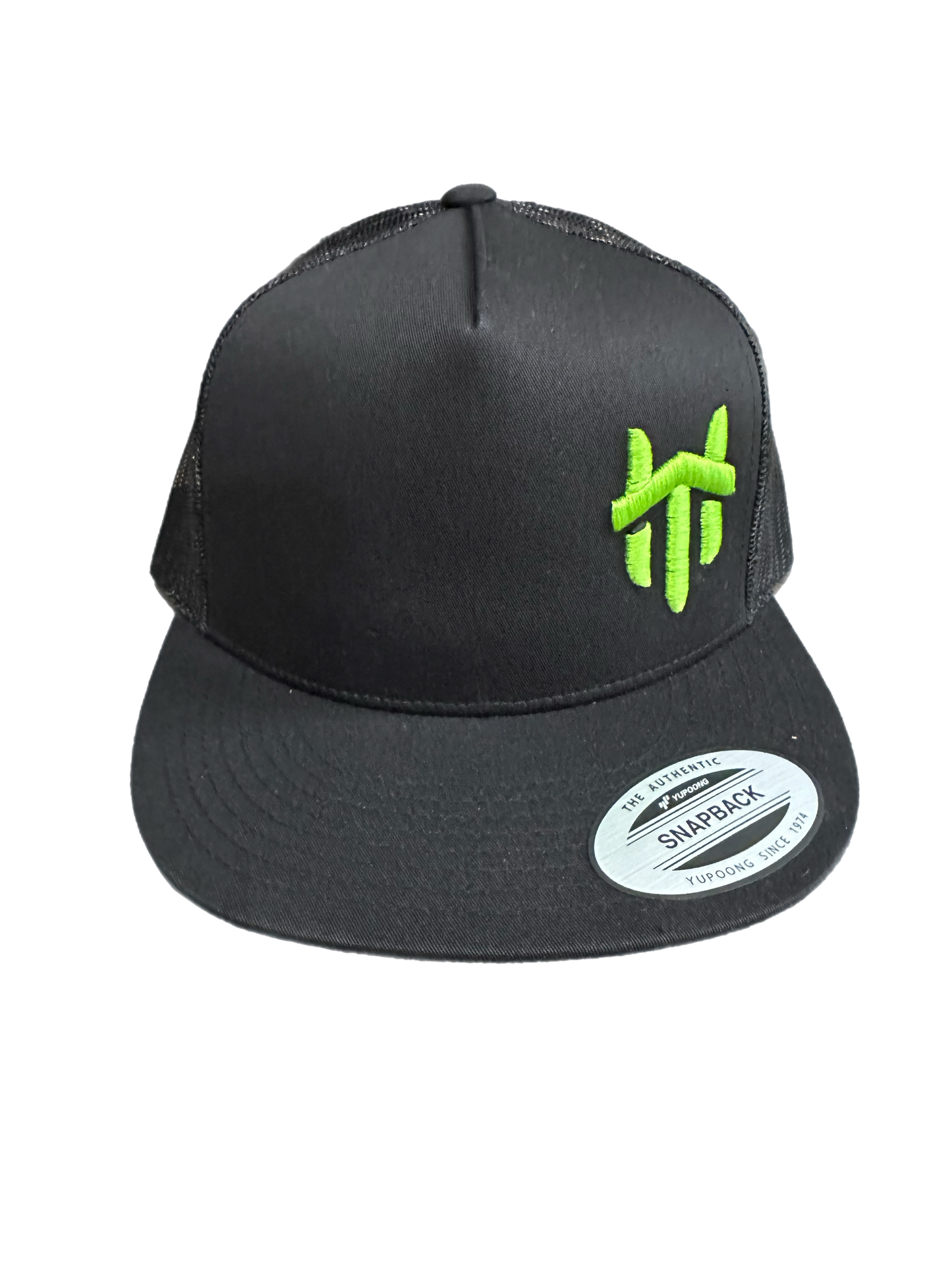 Green Logo Traffikheavy 5-Panel Classic Trucker Mesh Back Cap - Black/Black