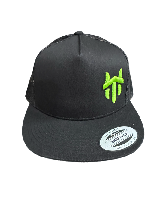 Green Logo Traffikheavy 5-Panel Classic Trucker Mesh Back Cap - Black/Black