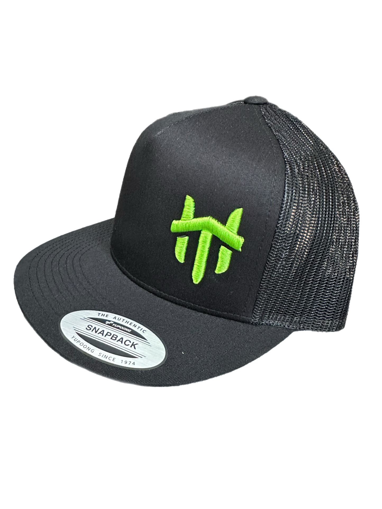 Green Logo Traffikheavy 5-Panel Classic Trucker Mesh Back Cap - Black/Black