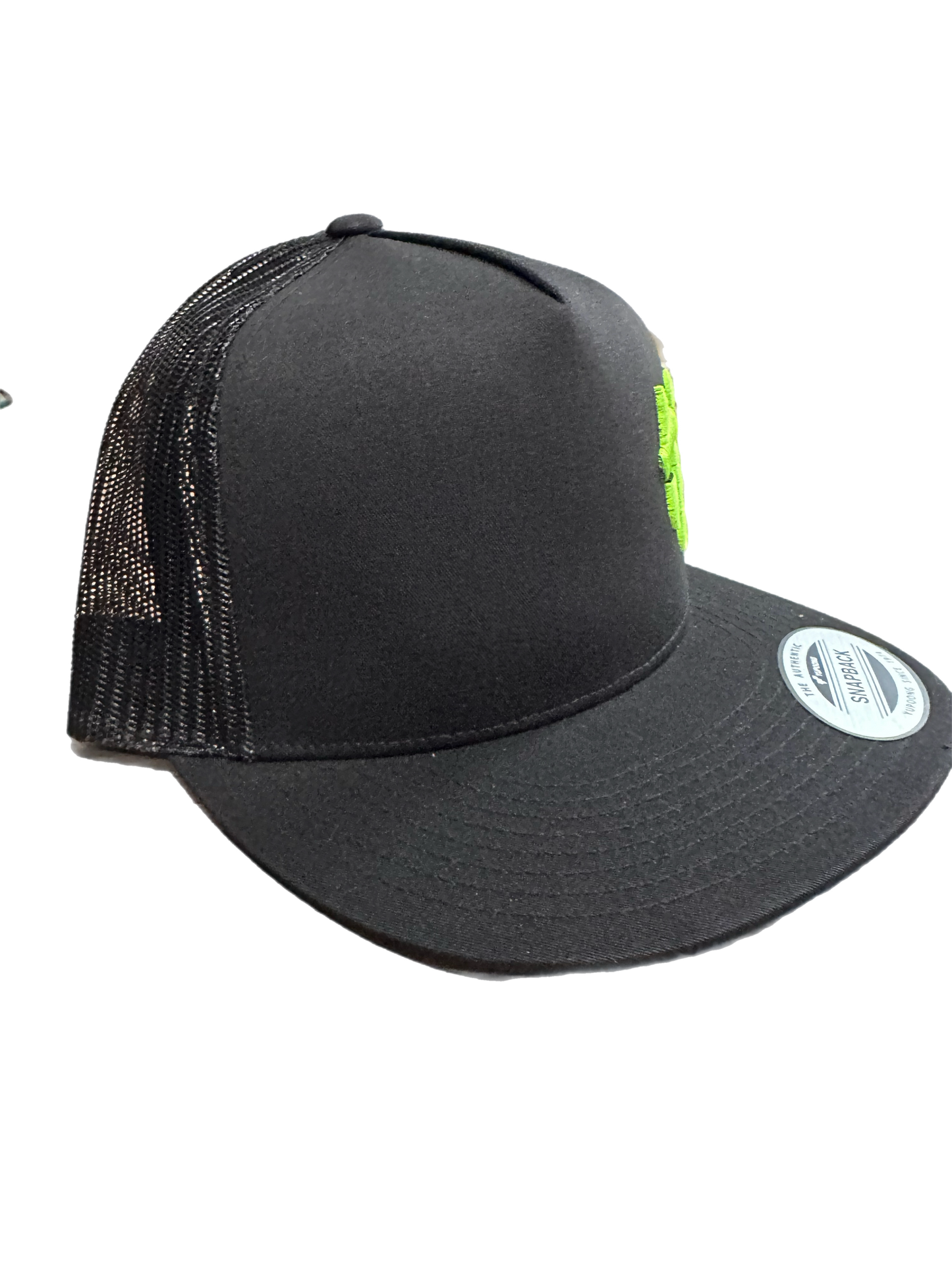 Green Logo Traffikheavy 5-Panel Classic Trucker Mesh Back Cap - Black/Black