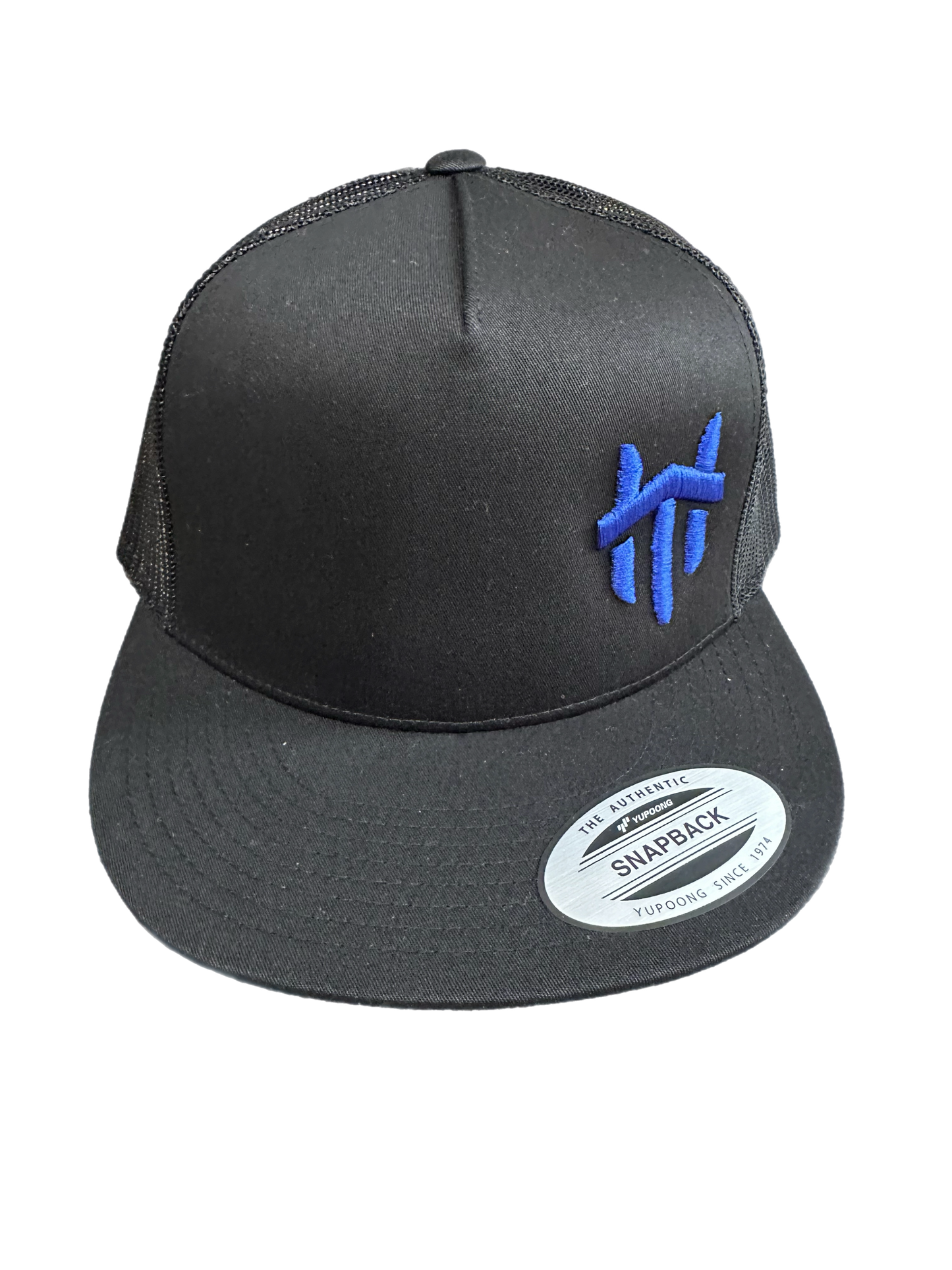 Blue Logo Traffikheavy 5-Panel Classic Trucker Mesh Back Cap - Black/Black